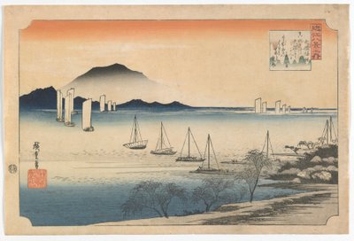 Segelbåtar som återvänder till Yabase, Edo-perioden, tidigt 1830-tal (trätryck i färg) av Utagawa Hiroshige