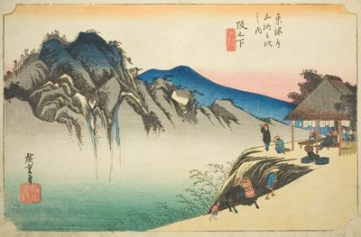 Sakanoshita: Peak of Fudesute Mountain (Sakanoshita, Fudesute mine), från serien "Fifty-three Stations of the Tokaido (Tokaido gojusan tsugi no uchi)," även känd som Hoeido Tokaido av Utagawa Hiroshige