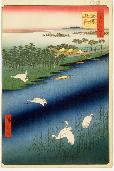 Sakasai Ferry, skylt 67 från serien One Hundred Famous Views of Edo, Edo Period, Ansei Era, 1857 (träblocktryck) av Utagawa Hiroshige