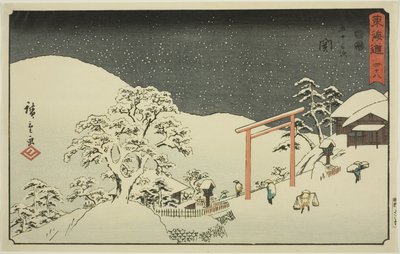 Seki—Nej. 48, från serien "Fifty-three Stations of the Tokaido (Tokaido gojusan tsugi)," även känd som Reisho Tokaido av Utagawa Hiroshige