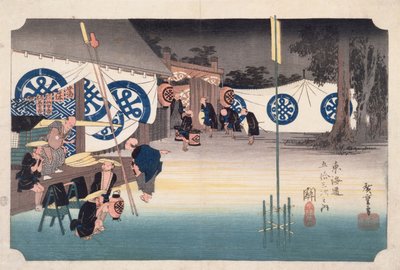 Seki, tidig avgång från Daimyos Inn, från femtiotre stationer på Tokaido Highway, ca 1834 (träblock i färg) av Utagawa Hiroshige