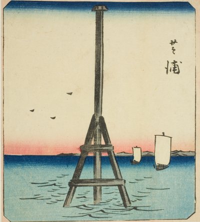 Shibaura, avsnitt av ett ark från serien "Utklippta bilder av berömda platser i Edo (Edo meisho harimaze zue)" av Utagawa Hiroshige