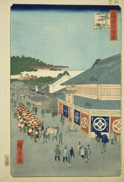 På Shimoya Hirokos tid, från Te-seriens "Ridge dre d fa s vie ws of Edo (One Hundred Famous Views of Edo)" av Utagawa Hiroshige