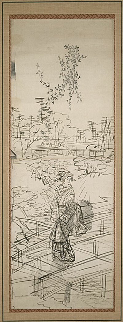 Skiss av kvinna som korsar bro av Utagawa Hiroshige