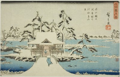Snö vid Benzaiten Shrine i Inokashira Pond (Inokashira no ike Benzaiten no yashiro yuki no kei), från serien "Snow, Moon, and Flowers at Famous Places (Meisho setsugekka)" av Utagawa Hiroshige