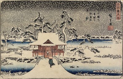Snö vid Benzaiten Shrine i Inokashiras damm, 1843-1847 av Utagawa Hiroshige