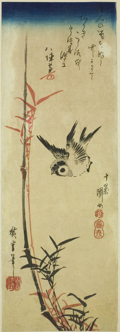 Sparv och bambu av Utagawa Hiroshige