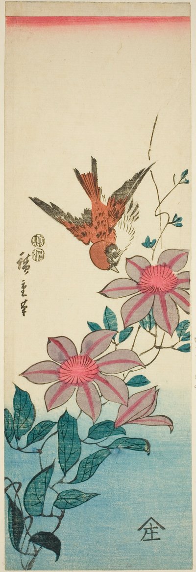 Sparv och klematis av Utagawa Hiroshige