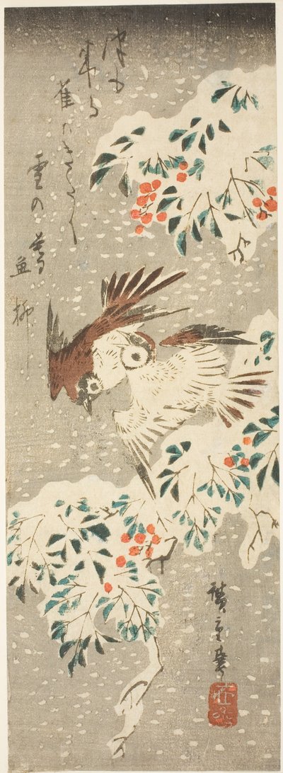 Sparvar fladdrar om snötäckta Nandina när More Snow Falls av Utagawa Hiroshige