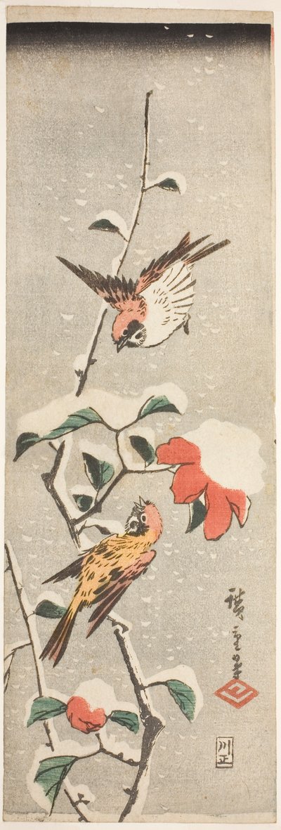 Sparvar och kamelia i snö av Utagawa Hiroshige
