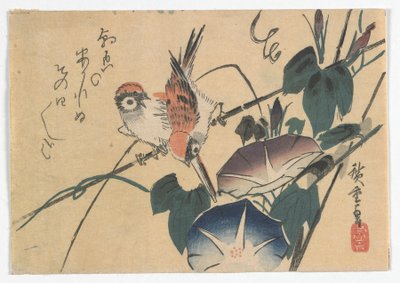 Sparrows and Morning Glories, Edo-perioden, sent 1830-tal (trätryck i färg) av Utagawa Hiroshige
