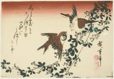 Sparvar och buskklöver av Utagawa Hiroshige