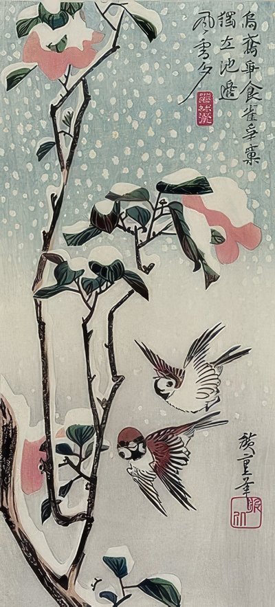 Sparvar och kamelia i snön av Utagawa Hiroshige