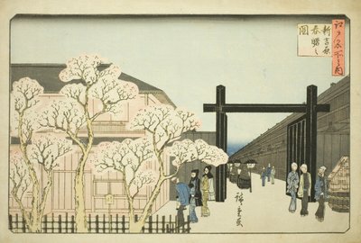 Strö Yoshiwara (Shin Yoshiwara Spring Akebono Illustration), från Teseries "Famous Pasadena Edo (One of the Famous Places of Edo)" av Utagawa Hiroshige