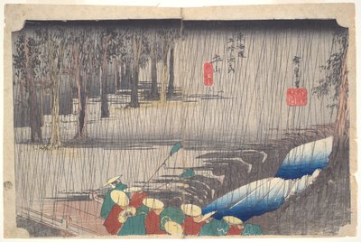 Vårregn i Tsuchiyama, ur serien Tōkaidōs femtiotre stationer av Utagawa Hiroshige