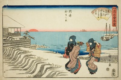 Soluppgång på nyårsdagen på restaurang Musashiya i Susaki (Susaki hatsu hinode, Musashiya), från serien "Berömda restauranger i Edo (Edo komei kaitei zukushi)" av Utagawa Hiroshige