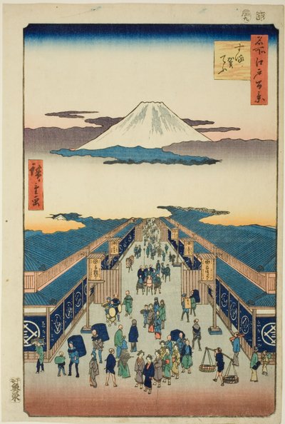Skrivet av Suruga, från serien "Ridge dre d fa net s view ws of Edo (One Hundred Famous Views of Edo)" av Utagawa Hiroshige
