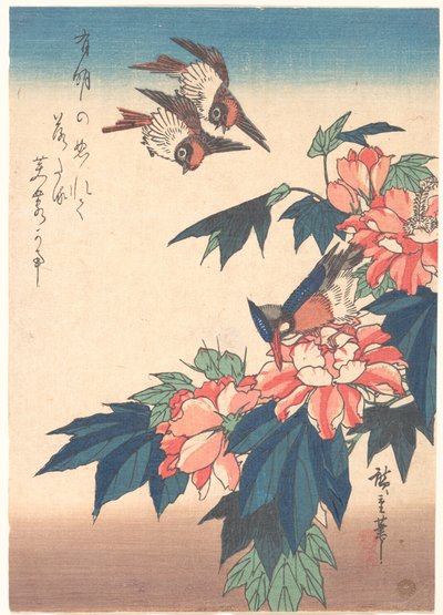 Svalor och kungsfiskare med rosenhibiskus av Utagawa Hiroshige