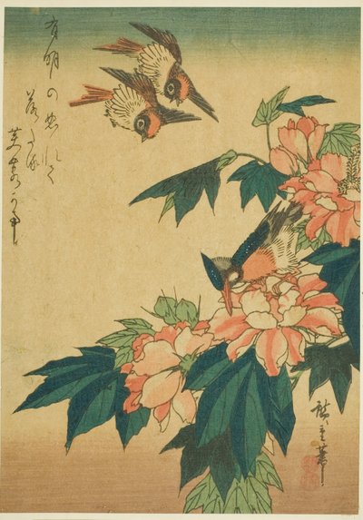 Svalor, kungsfiskare och hibiskus av Utagawa Hiroshige