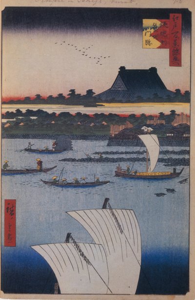 Teppozu och Tsukiji Monzeki-templet Hundra berömda utsikter över Edo, 1856-1858 av Utagawa Hiroshige