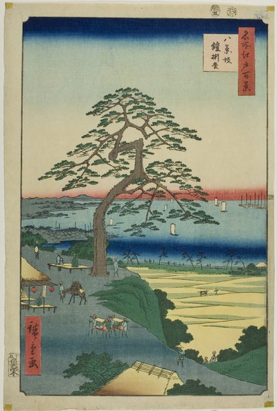 Den pansarhängande tallen vid Hakkeizaka (Hakkeizaka Yoroikakematsu), från serien "Hundra berömda vyer över Edo (Meisho Edo hyakkei)" av Utagawa Hiroshige