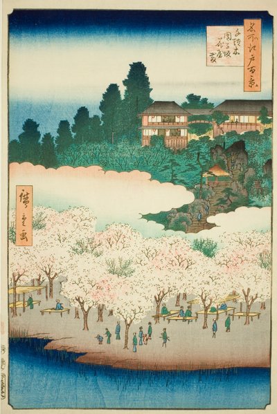 Blomsterpaviljongen på Dangos sluttning, Sendagi (Sendagi Dangozaka Hanayashiki), nr 16 från serien "Hundra berömda vyer över Edo (Meisho Edo hyakkei)" av Utagawa Hiroshige