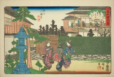 Hirasei-restaurangen framför Hachiman-helgedomen i Fukagawa (Fukagawa Hachiman mae, Hirasei) från serien "Famous Restaurants of Edo (Edo komei kaitei zukushi)" av Utagawa Hiroshige