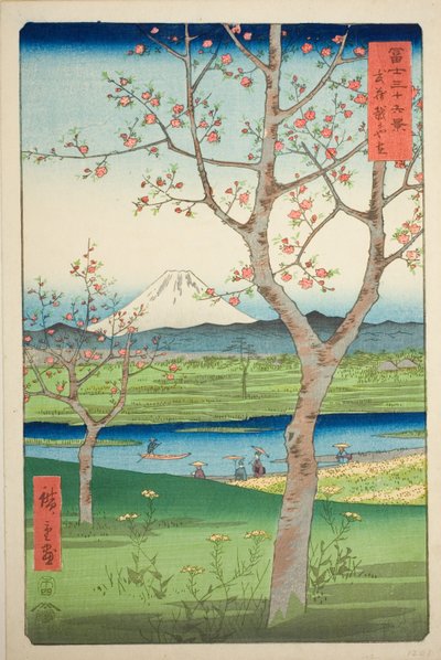 The Outskirts of Koshigaya in Musashi Province (Musashi Koshigaya zai), från serien "Thirty-six Views of Mount Fuji (Fuji sanjurokkei)" av Utagawa Hiroshige