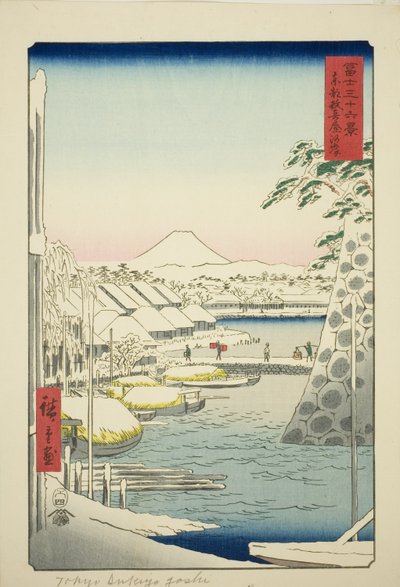 Flodstranden vid Sukiya i den östra huvudstaden (Toto Sukiyagashi), från serien "Trettiosex utsikter över berget Fuji (Fuji sanjurokkei)" av Utagawa Hiroshige