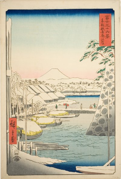 Flodstranden vid Sukiya i den östra huvudstaden (Toto Sukiyagashi), från serien "Trettiosex utsikter över berget Fuji (Fuji sanjurokkei)" av Utagawa Hiroshige
