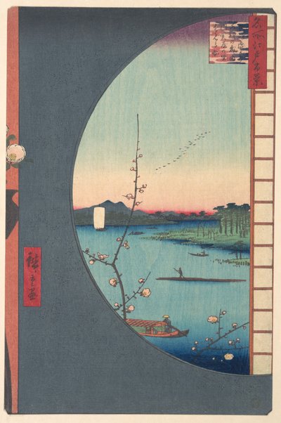 Lunden vid Suijin-templet, Uchikawa och byn Sekiya av Utagawa Hiroshige