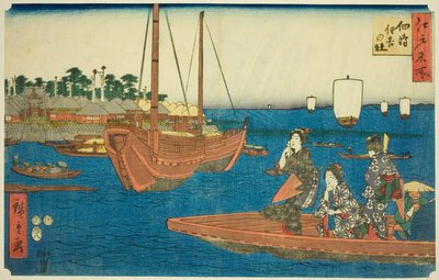 Sumiyoshi Shine Ototsukuda Sand (Tsukuda Sumiyoshi Noya White), från Teseries av Utagawa Hiroshige