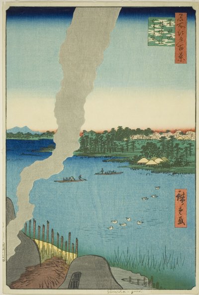 Tile Kilns och Hashiba Ferry på Sumida River (Sumidagawa Hashiba no watashi kawaragama), från serien "One Hundred Famous Views of Edo (Meisho Edo hyakkei)" av Utagawa Hiroshige