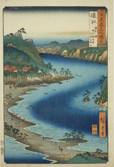 Totomi-provinsen: The Narrow Inlet of Inasa nära Kanzan-templet vid Hamana Lake vid Horie (Totomi, Hamana no umi, Horie Kanzanji, Inasa no hosoe), från serien "Famous Places in the Sexty-odd Provinces (Rokujuyoshu meisho zue)" av Utagawa Hiroshige