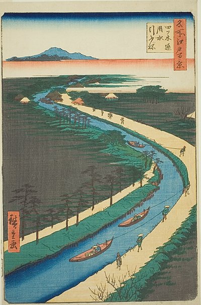 Bogserbåtar längs Yotsugidori-kanalen (Yotsugidori yosui hikifune), nr 33 från serien "Hundra berömda vyer över Edo (Meisho Edo hyakkei)" av Utagawa Hiroshige