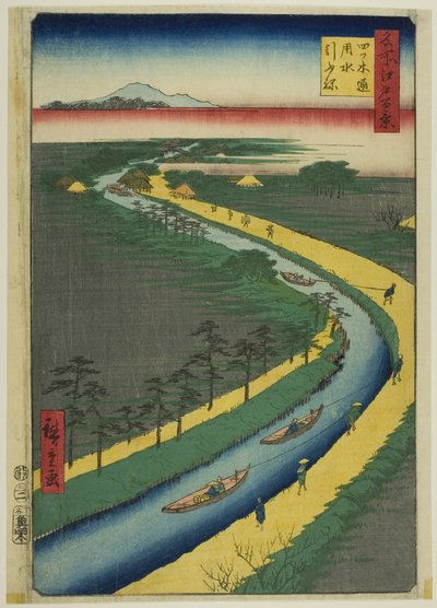 Bogserbåtar längs Yotsugidori kanal (Yotsugidori yosui hikifune), från serien "Hundra berömda vyer över Edo (Meisho Edo hyakkei)" av Utagawa Hiroshige