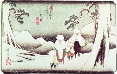 "Travellers in the Snow at Oi", från serien "69 Stations of Kisokaido", pub. sent 1830-tal, (obanstorlek, yoko-e - horisontellt format, färgträtryck) av Utagawa Hiroshige