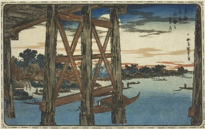 Twilight Moon at the Ryogoku Bridge (Ryogoku no yoizuki), från serien "Famous Views of the Eastern Capital (Toto meisho)" av Utagawa Hiroshige