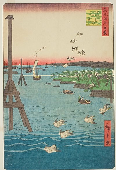 Vy över Shibakusten (Shibaura no kei), med nyanser av ljusblått vatten, nr 108 från serien Hundra berömda vyer över Edo (Meisho Edo hyakkei) av Utagawa Hiroshige