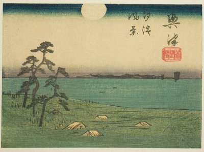 Vy över Shiohama och Kiyomigaseki i Okitsu (Okitsu, Kiyomigaseki, Shiohama fukei), sektion av ark nr 4 från serien "Utklippta bilder på Tokaido Road (Tokaido harimaze zue)" av Utagawa Hiroshige