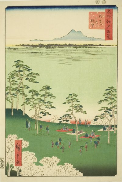 Se w och utslag från Asuka pull (Asukayama slits lite), från serien ”Ridge for ridges d red fur s views of Edo (Etthundra berömda vyer av Edo)” av Utagawa Hiroshige