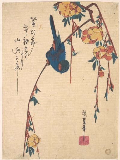 Hängkörsbär och blå fågel av Utagawa Hiroshige