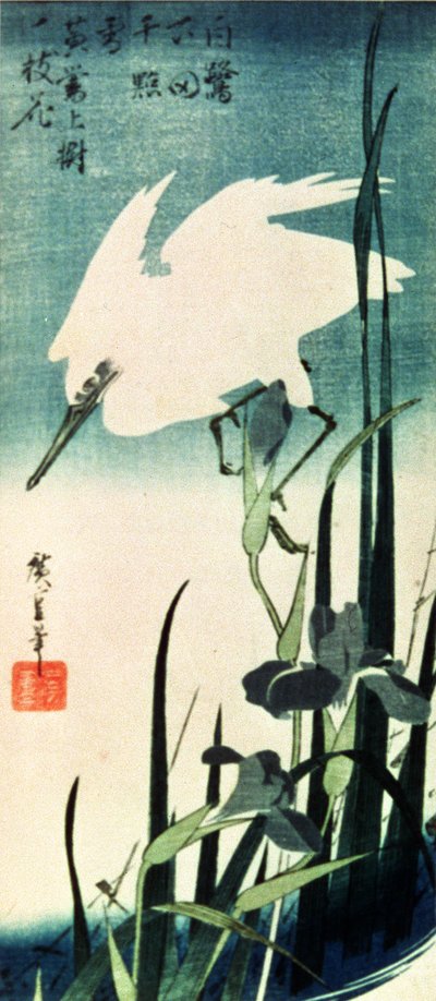 Hvid hejre og iris (farvet træsnit) sved av Utagawa Hiroshige