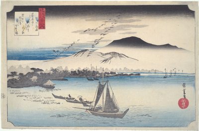 Vilda gäss som flyger ned mot Katada, ur serien ”Åtta vyer över Ōmi” av Utagawa Hiroshige