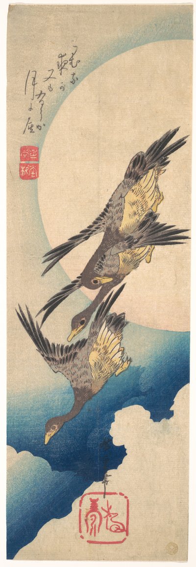 Vildgäss som flyger under fullmånen av Utagawa Hiroshige