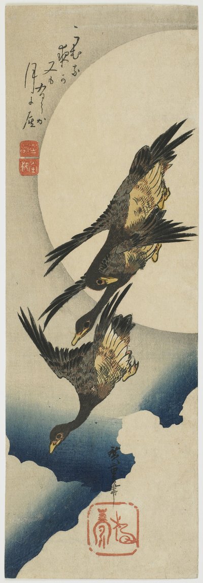 Vilda gäss över månen, 1834-39 (träblock i färg) av Utagawa Hiroshige