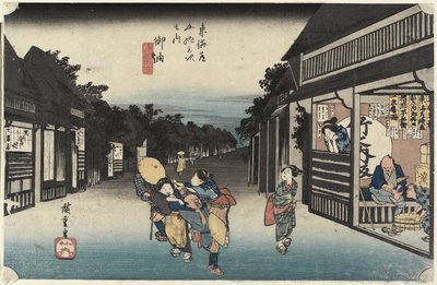 Kvinnor som hjälper resenärer, Goyu, ca 1833 av Utagawa Hiroshige