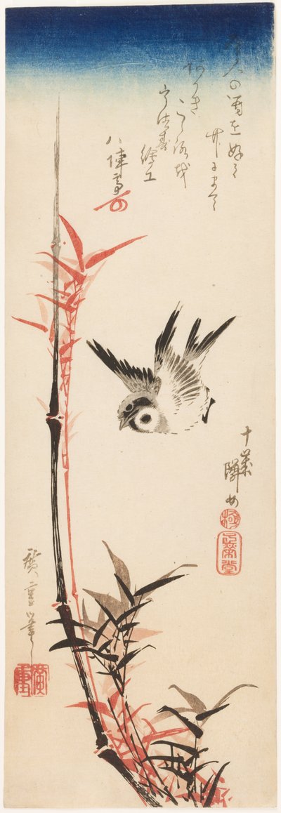 Sparv och bambu av Utagawa Hiroshige