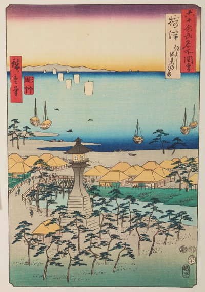 Demi-kusten och fyren i provinsen Settsu / Settsu Sumiyoshi Demi no hama, bild 5 i serien: Utsikter över berömda orter i drygt sextio provinser / Rokuju yoshu meisho zue av Utagawa Hiroshige
