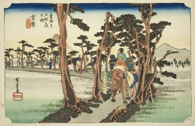 Yoshiwara: Mount Fuji on the Left (Yoshiwara, hidari Fuji), från serien "Fifty-three Stations of the Tokaido Road (Tokaido gojusan tsugi no uchi)," även känd som Hoeido Tokaido av Utagawa Hiroshige